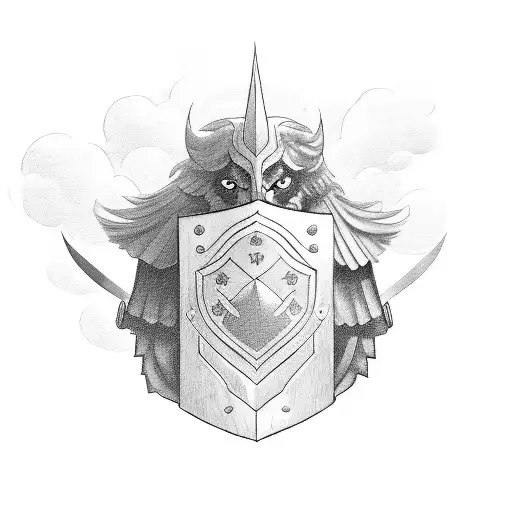 A heroic figure holding a cloud-shaped shield, representing the client's role as a protector and provider for their family tattoo design idea
