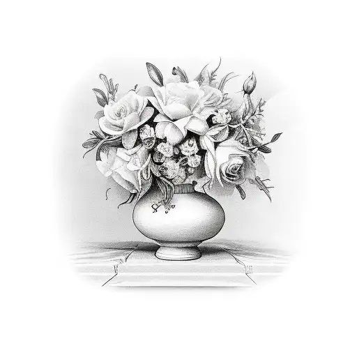 elegant clay vase with fancy engravings of angels and flowers tattoo design idea