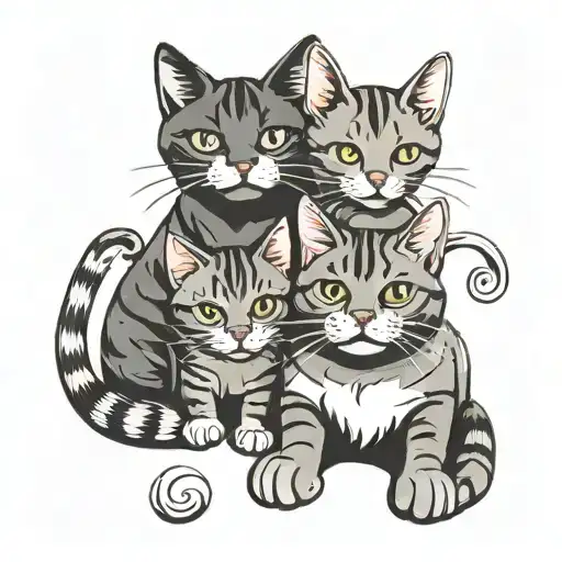 cartoon black cat and grey tabby cat curled tattoo design idea