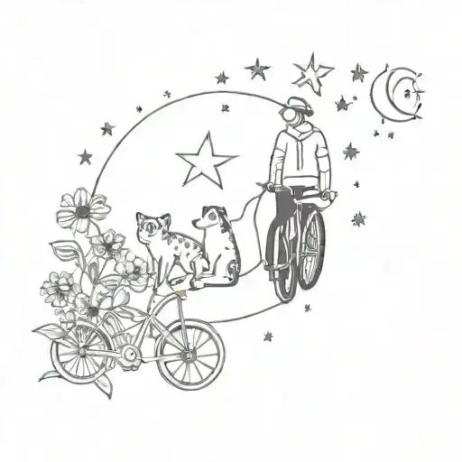 bartending, introvert, dog, cat, lemur, bycicle, flowers, camping, moon, rain, stars  tattoo design idea