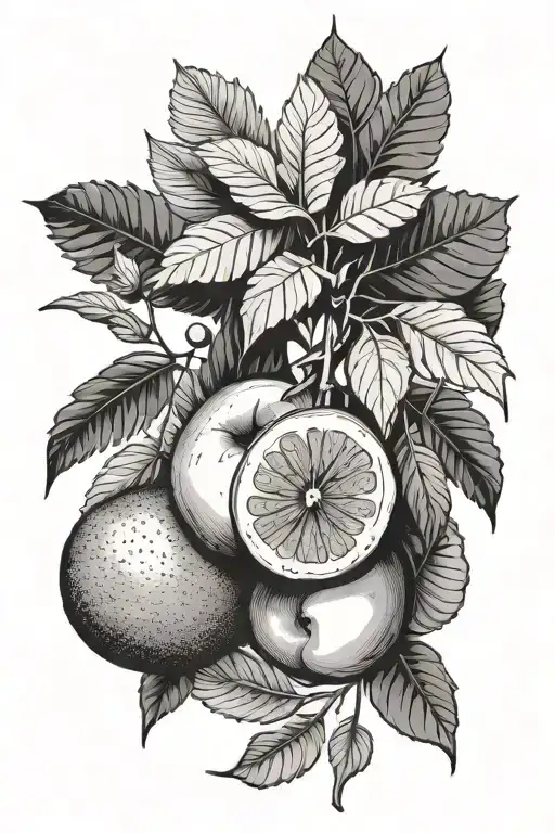 hemlock tree branch growing apple, fan palm frawn growing avocado, loblolly pine branch growing peach tattoo design idea