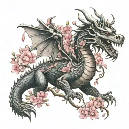 dragon, mongol warrior, rose, cherry blossom tree tattoo design idea