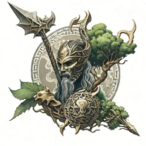 The gods of Asgard with modern weapons on the background of yggdrasil, an epic incarnation tattoo design idea