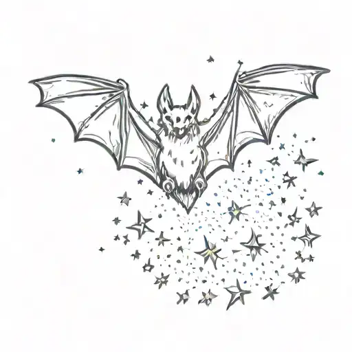 A sketchy illustration of a bat soaring through a pixelated sky filled with shooting stars, capturing the essence of the y2k era tattoo design idea