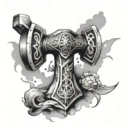 thor hammer and lighting with nordic runes tattoo design idea