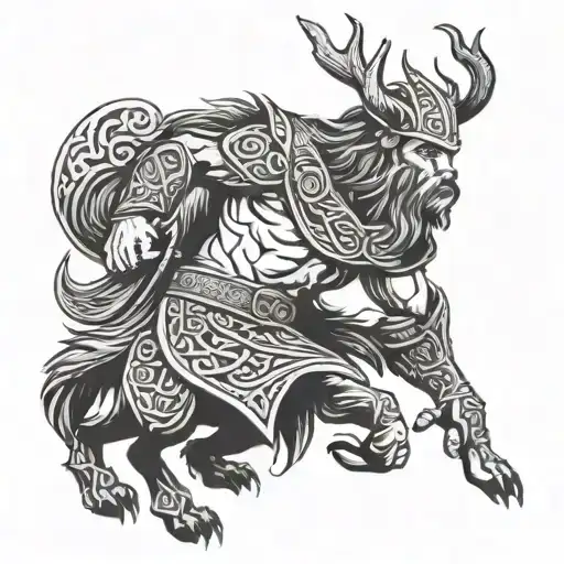 viking with wolf running tattoo design idea