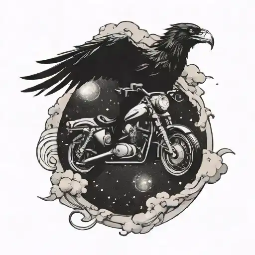 A crow flying over a motorcycle speeding through a galaxy, with a dragon silhouette in the sky tattoo design idea