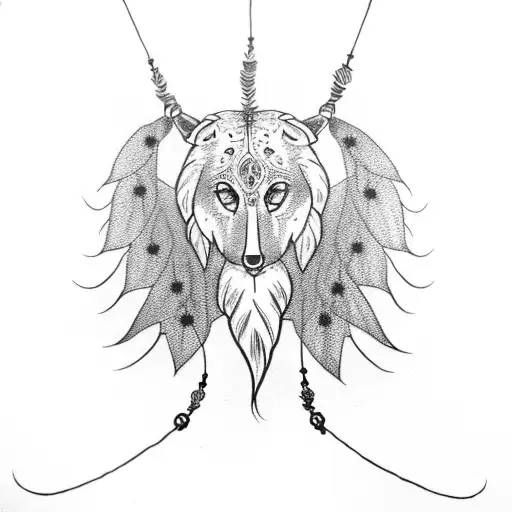 Dreamcatcher with a paw in the middle and 3 feathers hanging below tattoo design idea