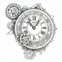 a clock's mechanism showing the time 9:16. the style must be a mix between chicano and realistic tattoo design idea