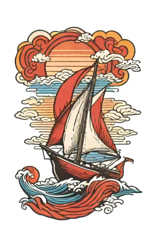 small sail boat with blue waves crashing in and a small red sun on its side tattoo design idea