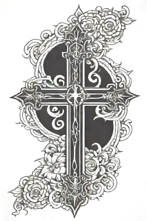 a cross with sun rays shining down along with a symbol of gods presence and a sense of guidance of stregth and wealth  tattoo design idea