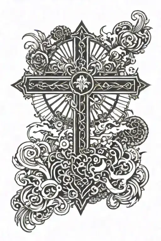 cross with sun rays and a symbol representing gods presence with wealth tattoo design idea