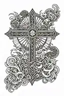 cross with sun rays and a symbol representing gods presence with wealth tattoo design idea