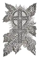 cross with sun rays and a symbol representing gods presence with wealth tattoo design idea