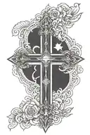 a cross with sun rays and the words "god is with us"  tattoo design idea