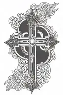 a cross with sun rays and the words "god is with us"  tattoo design idea