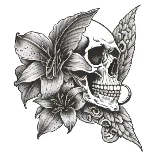 skull with a lily and a hummingbird  tattoo design idea