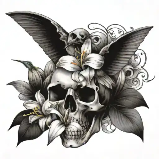 skull and lily's with a hummingbird  tattoo design idea
