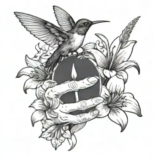 bone hand holding a lily and a hummingbird   tattoo design idea