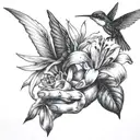 skeleton hand holding a lily and a hummingbird   tattoo design idea