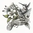skeleton hand holding a lily and a hummingbird   tattoo design idea