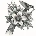 skeleton hand holding a lily and a hummingbird   tattoo design idea