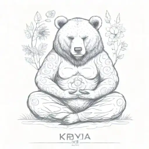 A bear meditating in a tranquil meadow, surrounded by symbols of Kriya yoga and mindfulness tattoo design idea