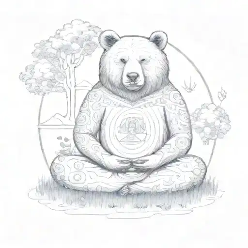 A bear meditating in a tranquil meadow, surrounded by symbols of Kriya yoga and mindfulness tattoo design idea