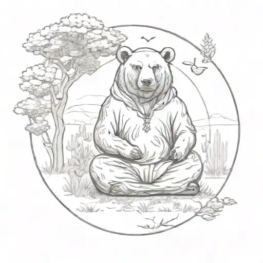 A bear meditating in a tranquil meadow, surrounded by symbols of Kriya yoga and mindfulness tattoo design idea