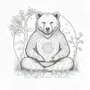 A bear meditating in a tranquil meadow, surrounded by symbols of Kriya yoga and mindfulness tattoo design idea