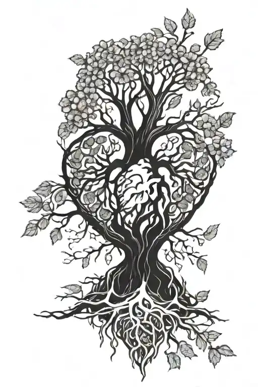 yggdrasil as focal point. an anatomic heart. norse mythological style. tattoo design idea