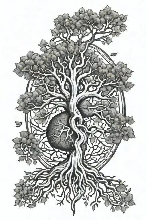 full sleeve. yggdrasil as focal point. an anatomic heart. norse mythological style. tattoo design idea