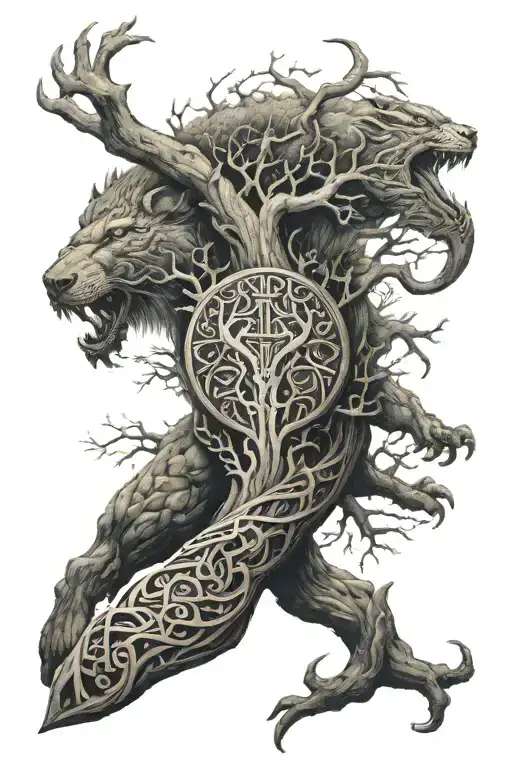 full sleeve tattoo with norse mythological creatures and yggdrasil as focal point.  tattoo design idea