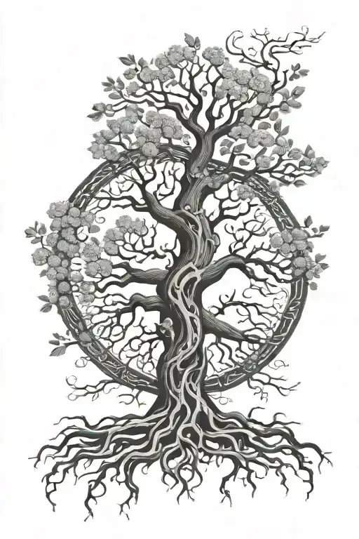 full sleeve. yggdrasil as focal point. an anatomic heart. norse mythological style. tattoo design idea