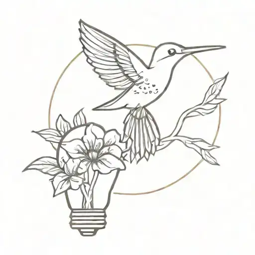 hummingbird, coffee mug, sun rays, light bulb with flower tattoo design idea