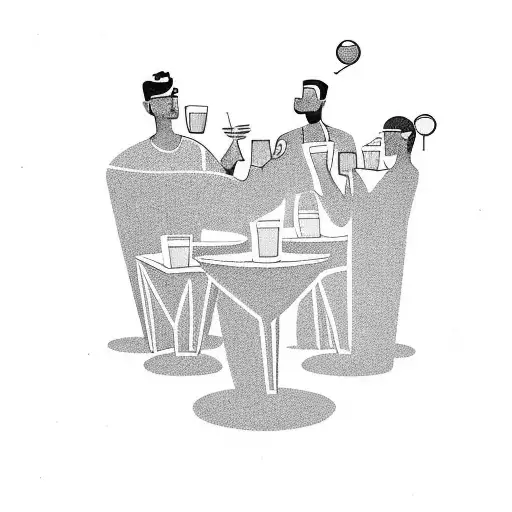 A minimalistic illustration of a group of friends toasting with their drinks, capturing the essence of good times and friendship tattoo design idea