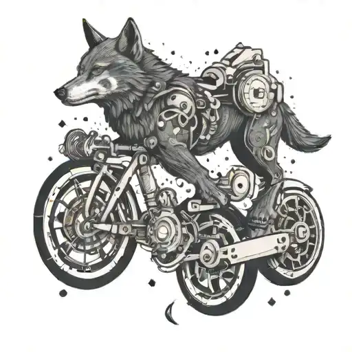 A mechanical wolf riding a futuristic bike, with Virgo constellation integrated into the design, in a dotwork style tattoo design idea