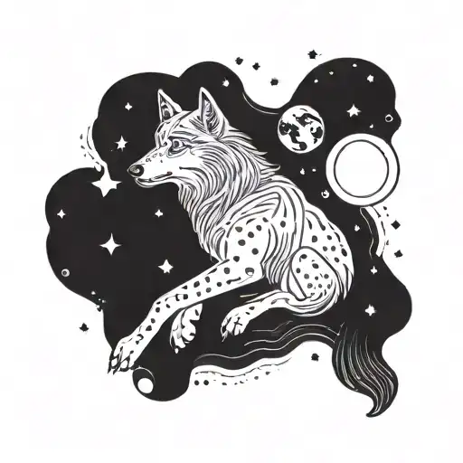 A cosmic wolf flying through a starry sky, with the Virgo constellation shining brightly in the background tattoo design idea
