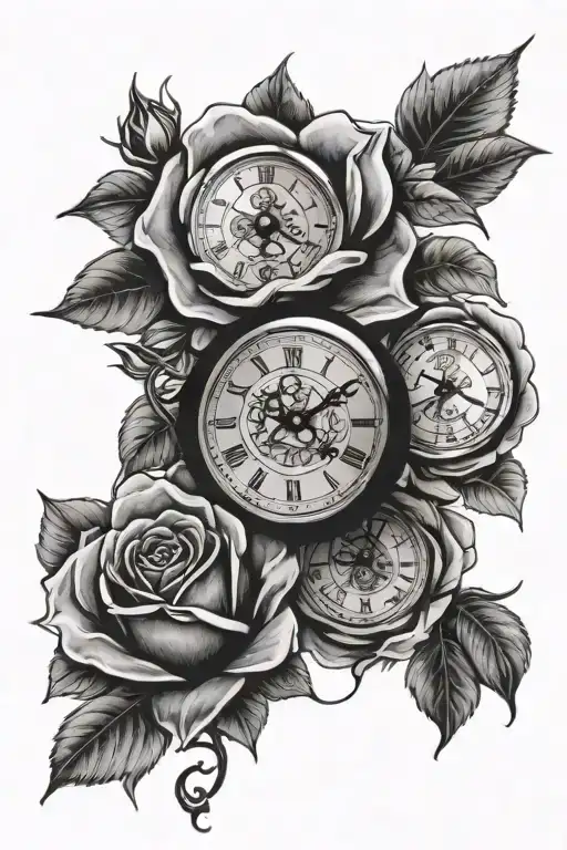 3 roses and 3 clocks surrounded tattoo design idea