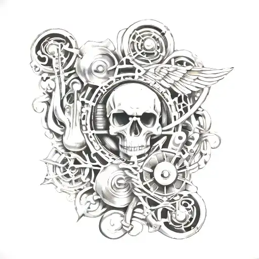 Create a sleeve tattoo featuring Avenged Sevenfold lyrics intertwined with musical instruments tattoo design idea