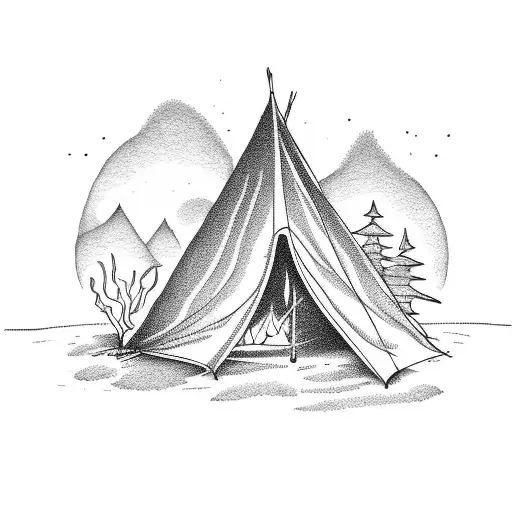 A scenic landscape tattoo of the Finger Lakes Region with a tent and campfire in the foreground tattoo design idea