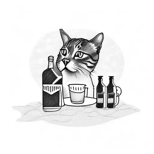 A blackwork tattoo of a cat sitting on top of a mini-bar, surrounded by bottles of various indie music bands tattoo design idea