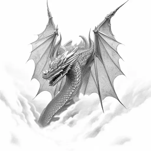 A black-grey tattoo of a majestic dragon from Elden Ring, perched on top of a borderlands-inspired landscape tattoo design idea