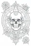 skull with rose in mouth, bill cipher zodiac wheel, graveyard, grim reaper, clock tower tattoo design idea