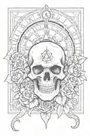 skull with rose in mouth, bill cipher zodiac wheel, graveyard, grim reaper, clock tower tattoo design idea