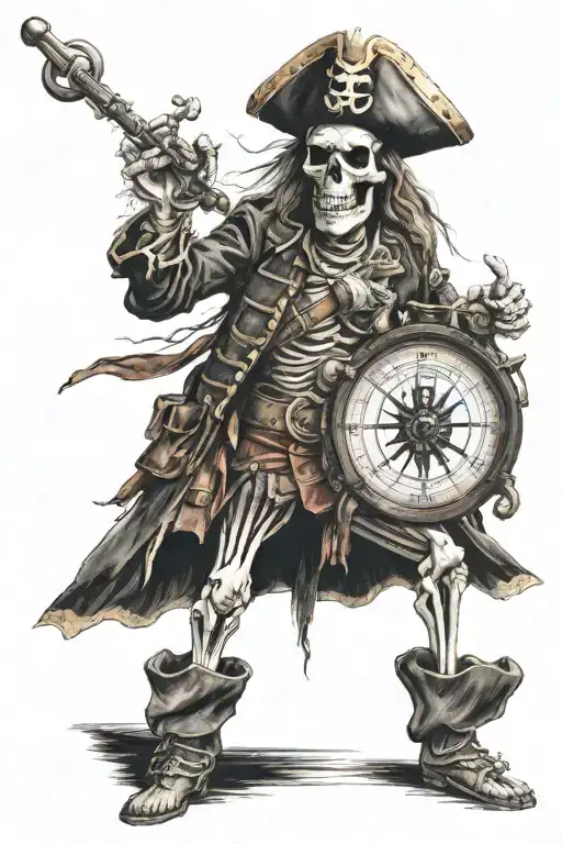 Skeleton captain pirate holds a compass in his hand while his left hand is in the air  tattoo design idea