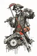 Skeleton captain pirate holds a compass in his hand while his left hand is in the air  tattoo design idea