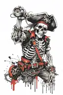 Skeleton captain pirate holds a compass in his hand while his left hand is in the air  tattoo design idea