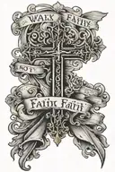 We walk by faith not by sight, 2 Corinthians 5:7 verse, inner bicep, on man, with cross tattoo design idea