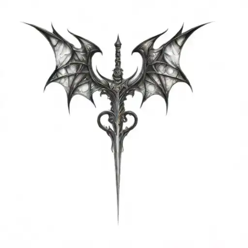 a sharp designed bat and sword as heart shape tattoo design idea
